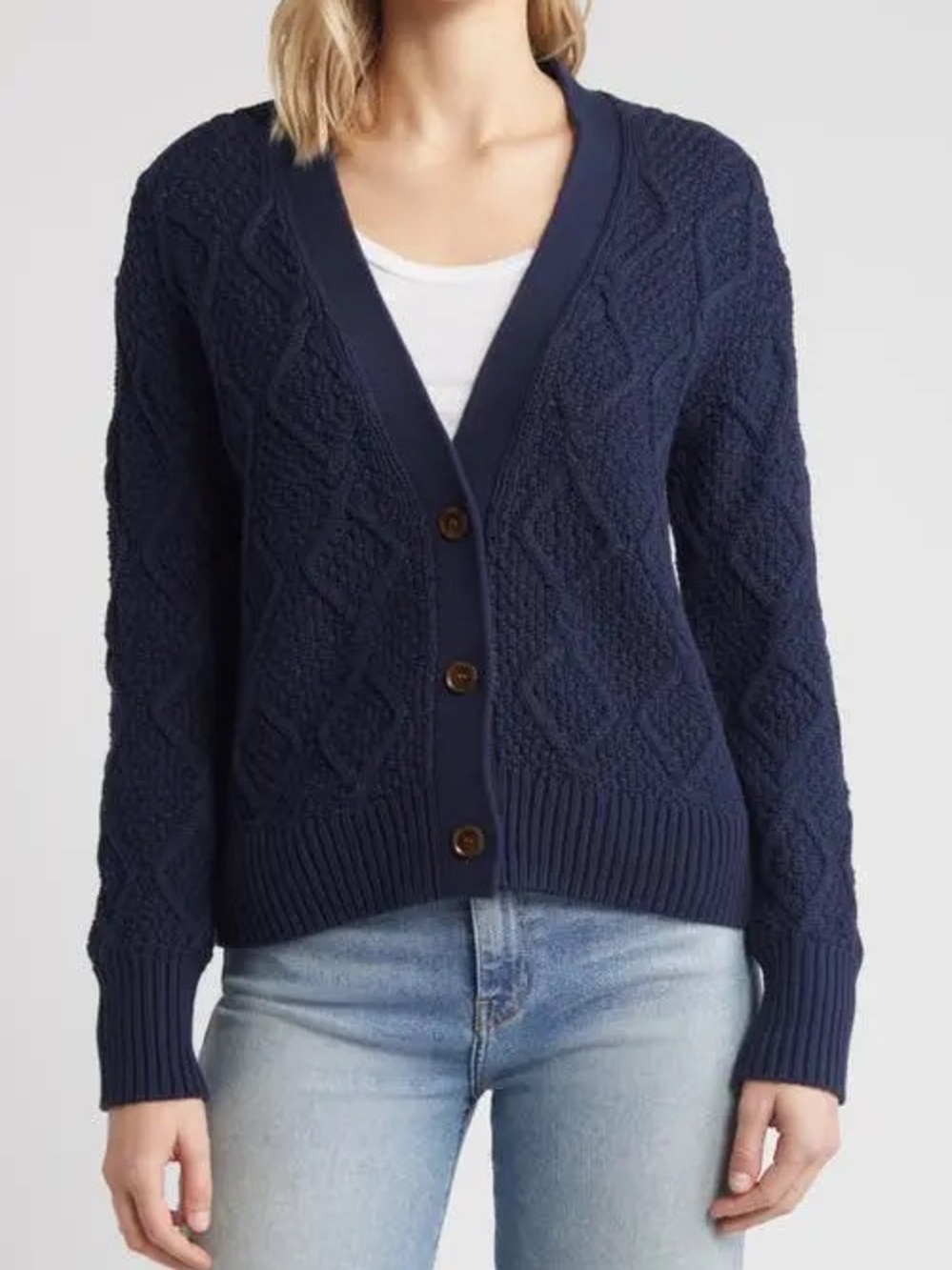 Caslon Navy Cable Knit Pima Cotton Cardigan – Size Large